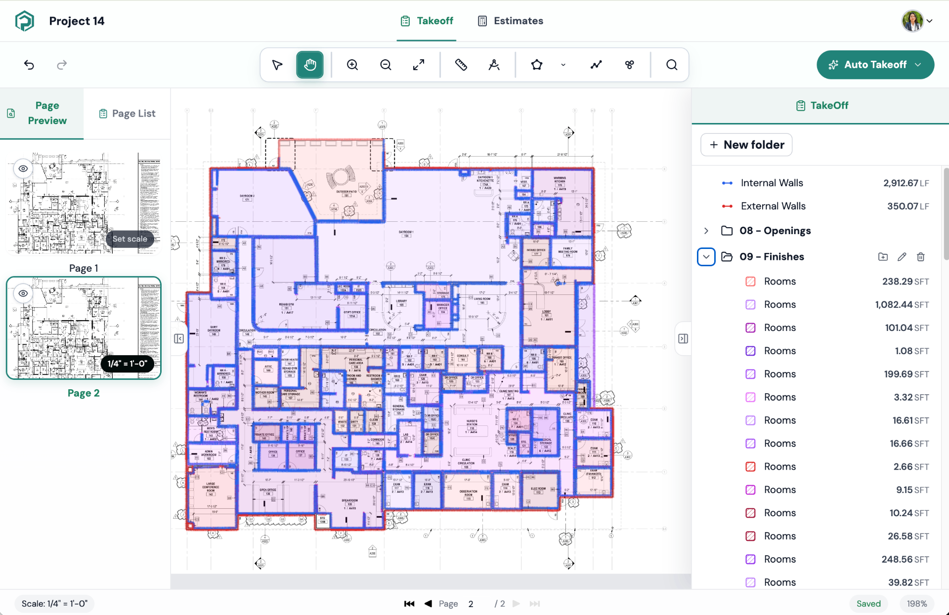 AI Takeoff interface showing a plan with measured walls, rooms, and an itemized takeoff list
