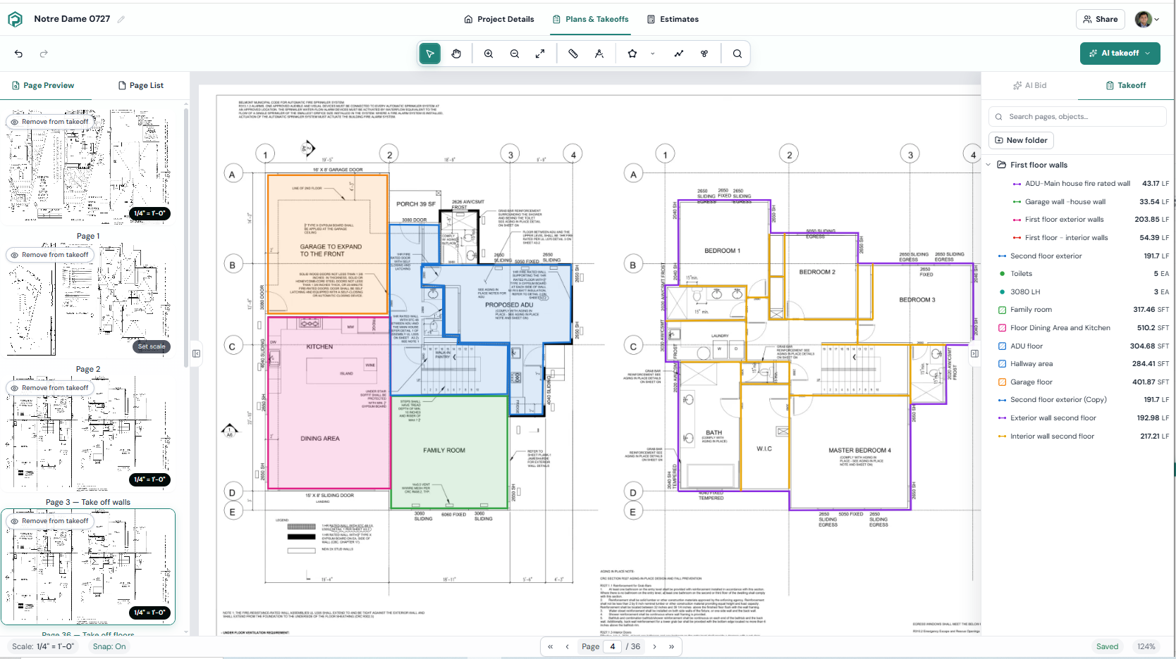 Plankore Core plan view showing a residential floor plan with color-coded area, wall, and count measurements beside an itemized takeoff list of quantities in linear feet, each, and square feet