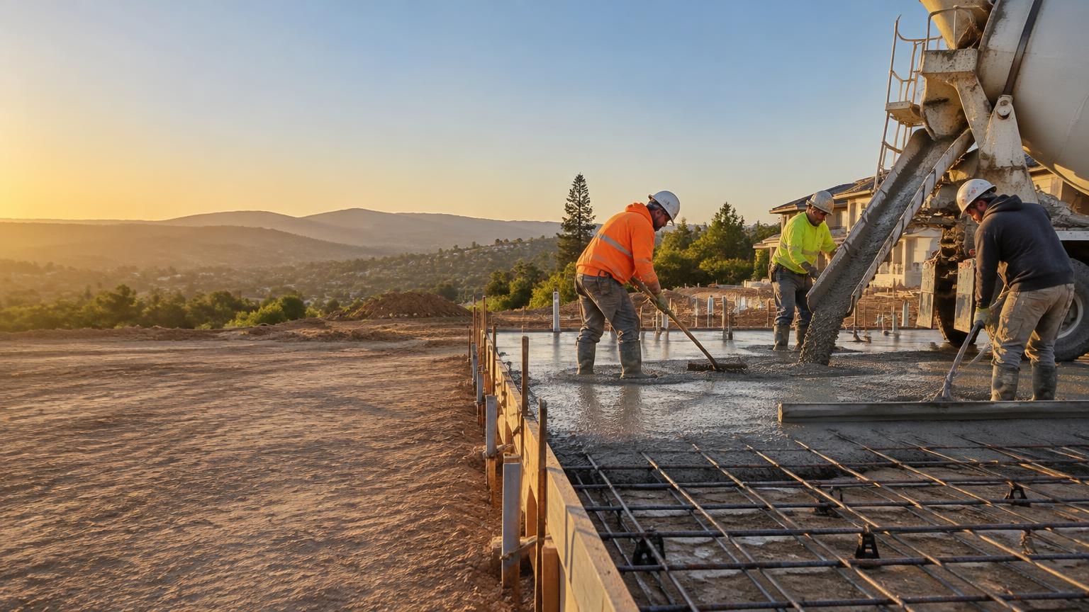 A crew screeding a fresh slab as the truck chute pours, rebar mat in the foreground