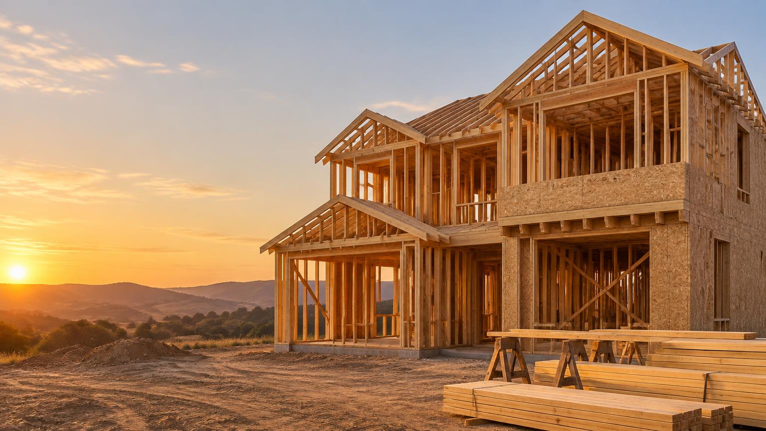 A two-storey house at the framing stage, open rafters and stacked lumber at golden hour