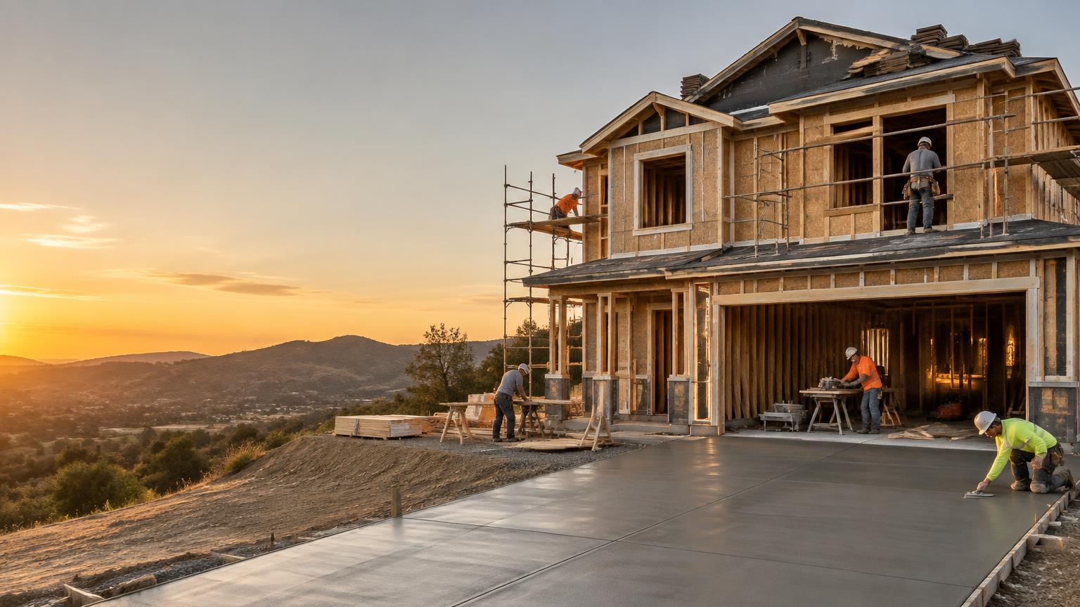 A two-storey house at golden hour with framing, a poured driveway and scaffolding all in progress