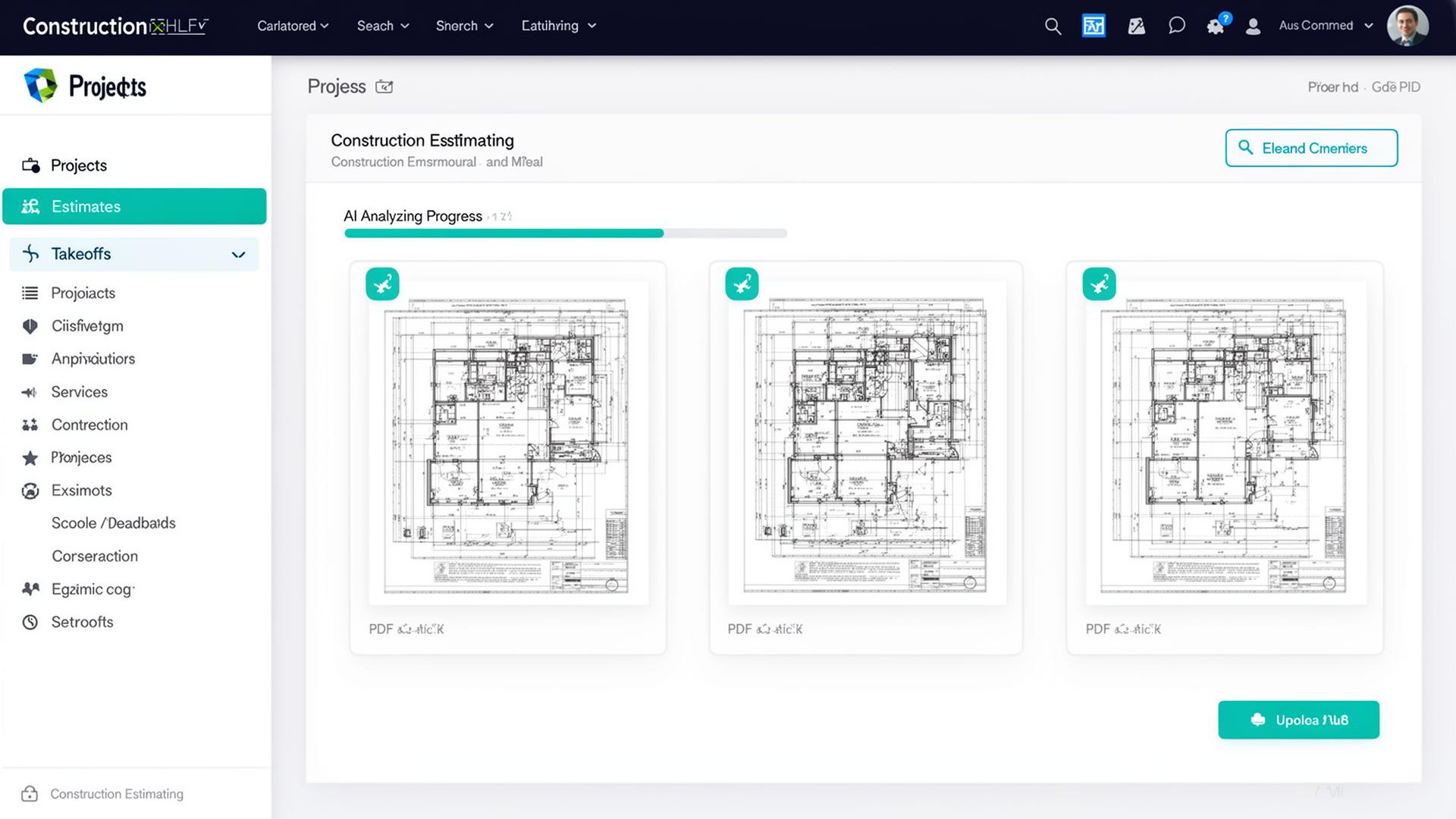 Plankore blueprint upload screen with AI analyzing uploaded PDFs