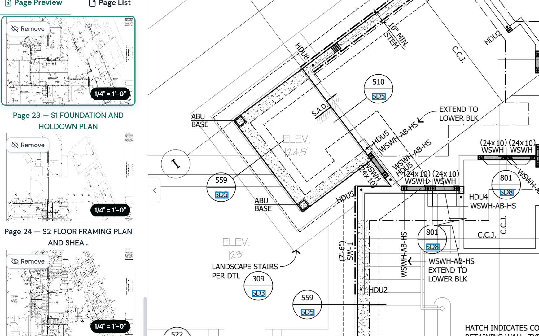 Page Preview panel with a name and a scale on every page, and a Go to SD5 reference link on the plan