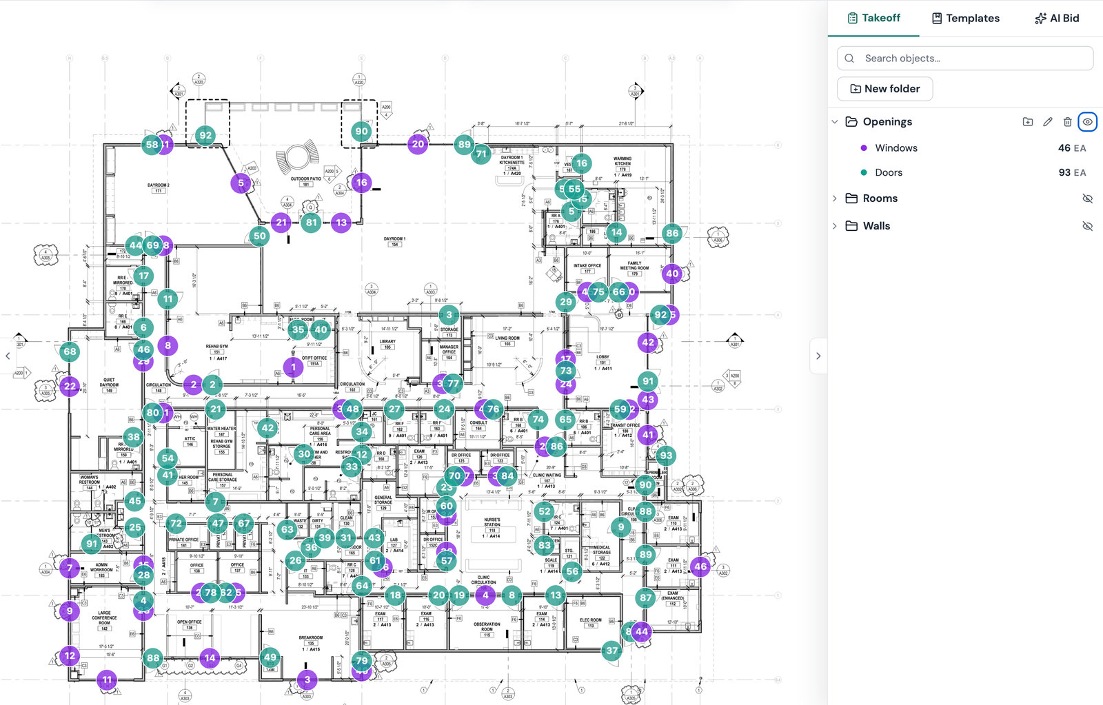 A commercial floor plan with AI-detected openings, rooms and walls marked across it