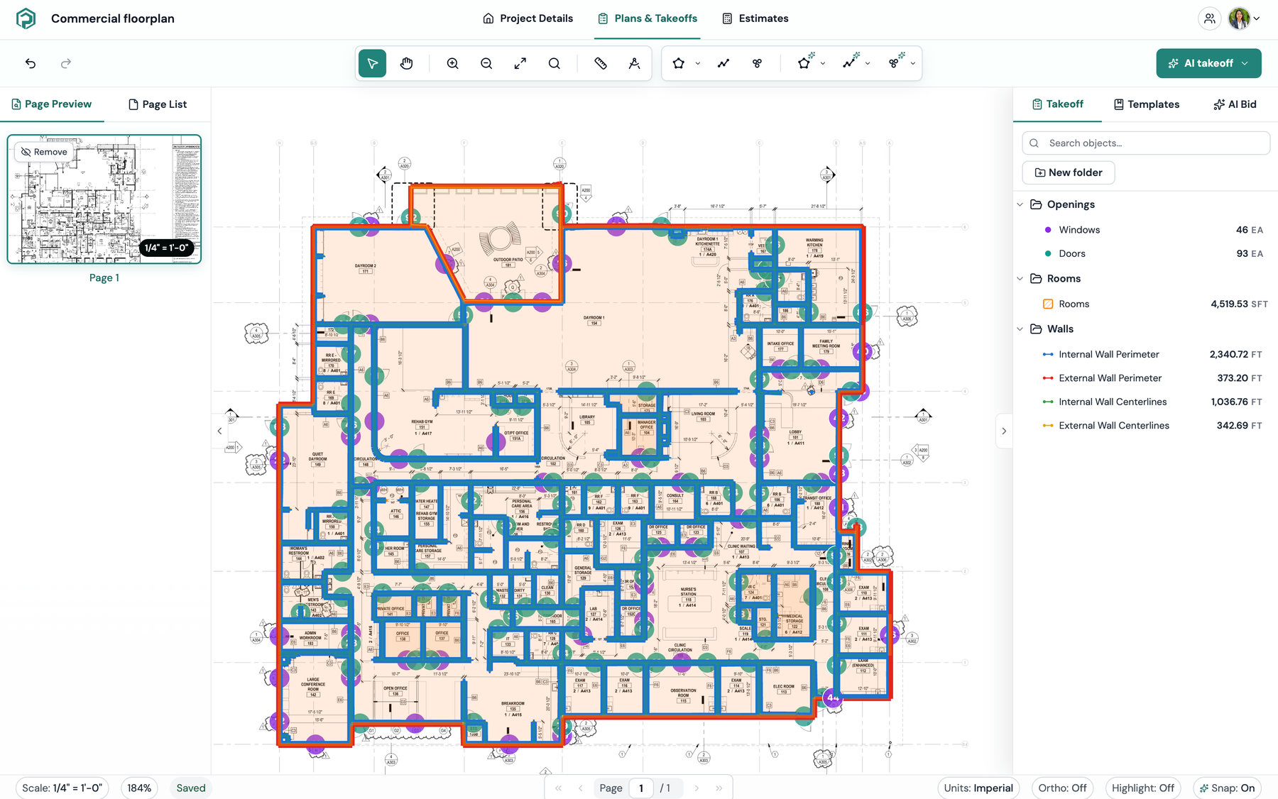 Plankore Pro with an AI floorplan takeoff on a commercial plan: openings, rooms and walls all detected, beside the itemized takeoff list